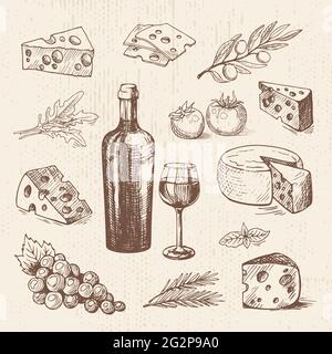 Ensemble vectoriel dessiné à la main avec bouteille de vin, raisin, fromage, branche d'olive, tomates et légumes verts. Esquisse vectorielle, illustration des aliments biologiques. Illustration de Vecteur