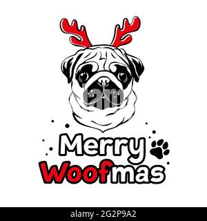 Mignon pug avec des bois de renne rouges. Portrait de chien de Noël. Joyeux texte de woofmas. Illustration vectorielle. Illustration de Vecteur