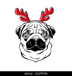 Mignon pug avec des bois de renne rouges. Portrait de chien de Noël. Illustration vectorielle. Illustration de Vecteur