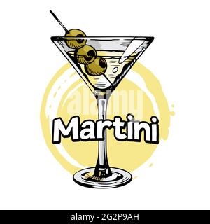 Verre à martini avec olives. Cocktail d'alcool dessiné à la main, illustration vectorielle Illustration de Vecteur