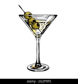 Verre à martini avec olives. Cocktail d'alcool dessiné à la main, illustration vectorielle isolée sur blanc. Illustration de Vecteur