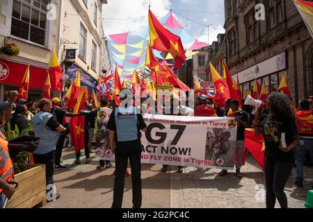 Falmouth Cornwall, Royaume-Uni. 12 juin 2021. Manifestation contre les armes chimiques dans la guerre du Tigré avec le sommet du G7 à Cornwall, l'Éthiopie condamne aussi dans les termes les plus énergiques l'utilisation d'armes chimiques par quiconque n'importe où. Credit: kathleen White/Alamy Live News Banque D'Images