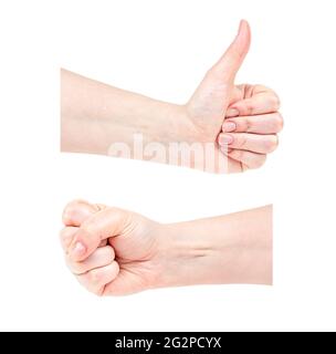 Femme caucasienne main avec poing et pouce vers le haut signe de geste montrant ok ensemble isolé sur fond blanc. Banque D'Images