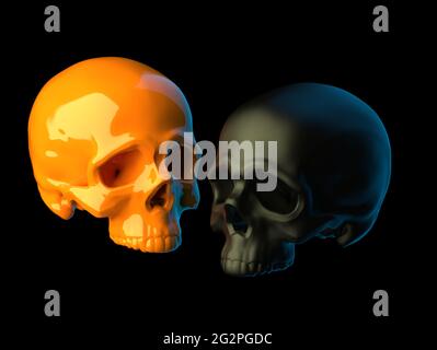 Résumé 2 crânes sculptés en plastique orange et noir sans mâchoires inférieures isolées sur fond noir.3d illustration Banque D'Images