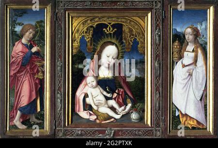 Jan Provoost - Triptych avec Vierge à l'enfant Saint John l'aile gauche évangéliste et l'aile droite Mary Magdalene Banque D'Images