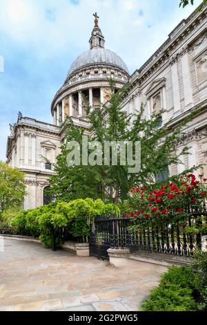 LONDRES ANGLETERRE ST.PAUL'S CATHEDRAL GARDEN ET ROSES ROUGES SUR DES RAMPES NOIRES AU PRINTEMPS Banque D'Images