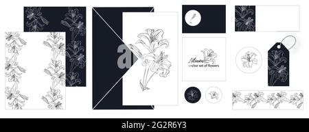 Ensemble de cartes postales avec fleurs de nénuphars. Illustration de Vecteur