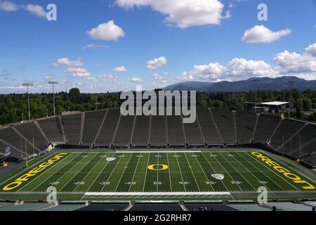 Une vue générale du logo des Canards de l'Oregon à Midfield au stade Autzen sur le campus de l'Université de l'Oregon, le mercredi 9 juin 2021, à Eugene, Our. Banque D'Images