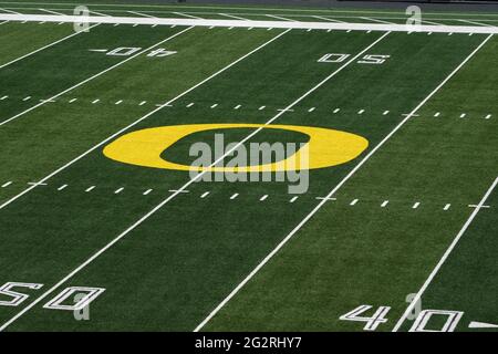 Une vue générale du logo des Canards de l'Oregon à Midfield au stade Autzen sur le campus de l'Université de l'Oregon, le mercredi 9 juin 2021, à Eugene, Our. Banque D'Images