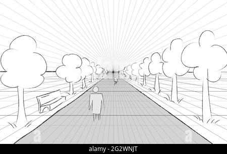 Exemple de perspective de route horizon. Fond de grille illustration 3d vectorielle. Modèle de projection. Ligne un point perspective sheme Illustration de Vecteur