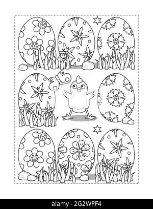 Page de coloriage de poussins de Pâques et d'œufs peints Banque D'Images