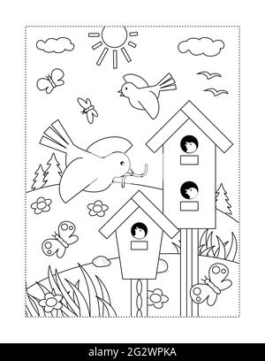 Page de coloriage avec des oiseaux, des oisillons, des maisons d'oiseaux Banque D'Images