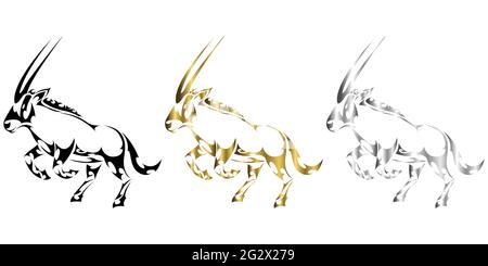 Trois couleurs or noir argent illustration vectorielle d'un gemsbok levant deux pattes avant pour se préparer à courir, il semble solide et puissant, adapté à l'utilisation Illustration de Vecteur