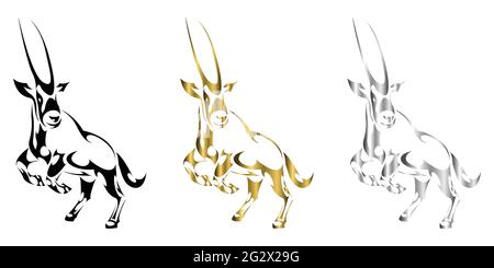 Trois couleurs or noir argent illustration vectorielle d'un gemsbok levant deux pattes avant pour se préparer à courir, il semble solide et puissant, adapté à l'utilisation Illustration de Vecteur