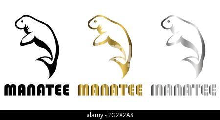 Trois couleurs noir or argent ligne art illustration vectorielle sur un fond blanc d'un lamantin adapté à la fabrication du logo Illustration de Vecteur