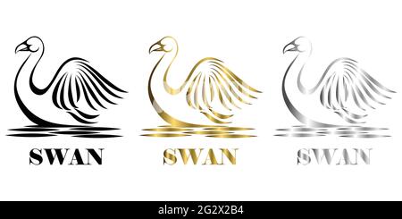 Trois couleurs noir or argent ligne art illustration vectorielle sur un fond blanc d'un cygne adapté à la fabrication du logo Illustration de Vecteur