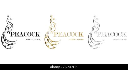 Trois couleurs noir or argent ligne art illustration vectorielle sur un fond blanc d'un paon adapté à la fabrication du logo Illustration de Vecteur