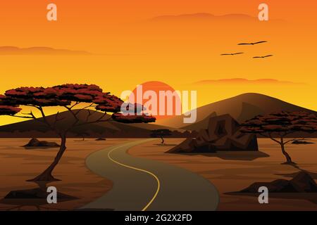 Illustration vectorielle du paysage de campagne. La route menant à la vallée au coucher du soleil avec la montagne et le ciel en arrière-plan. Illustration de Vecteur