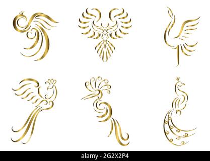 Ensemble de six images vectorielles d'art de la ligne d'or de divers beaux oiseaux tels que la grue de paon faisan Phoenix et l'aigle bonne utilisation pour la mascotte symbole icône ava Illustration de Vecteur