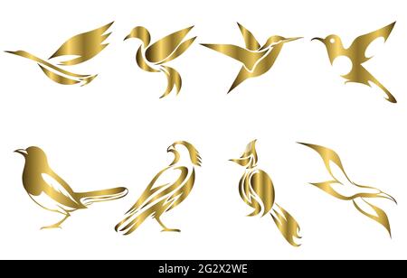 Ensemble d'images vectorielles d'or de divers oiseaux tels que le magpie de colibri héron faucon moulinet le bulon de robinet bonne utilisation pour symbole mascot icône avatar an Illustration de Vecteur