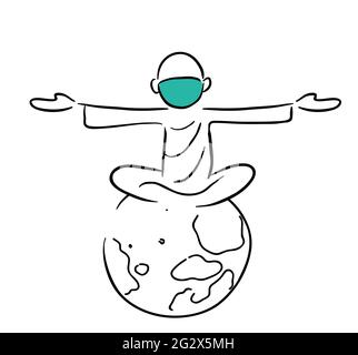 Homme avec masque assis sur la terre pandémie concept dessin animé illustration Illustration de Vecteur