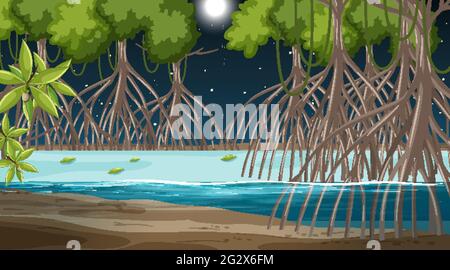 Scène de paysage de la forêt de mangroves à l'illustration de nuit Illustration de Vecteur