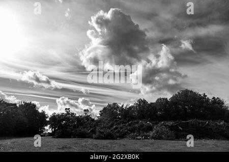 Magnifique paysage de nature avec nuages et ciel en noir et blanc photographie. Avant le panorama de la tempête. Ciel avec de beaux nuages avant la tempête. Banque D'Images