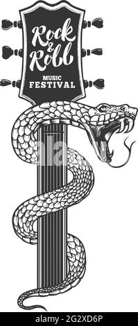 Illustrations de serpent sur tête de guitare. Élément de conception pour affiche, carte, bannière, affiche. Illustration vectorielle Illustration de Vecteur