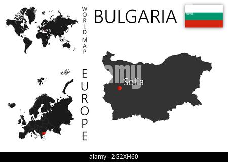 Carte vectorielle réaliste de Bulgarie avec drapeau. L'emplacement du pays sur la carte du monde et de l'Europe. Une silhouette avec des bordures détaillées du Illustration de Vecteur