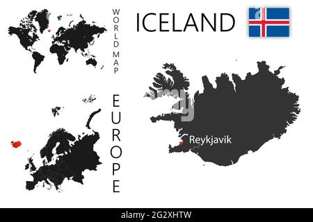 Carte vectorielle réaliste de l'Islande avec drapeau. L'emplacement du pays sur la carte du monde et de l'Europe. Une silhouette avec des bordures détaillées des s. Illustration de Vecteur