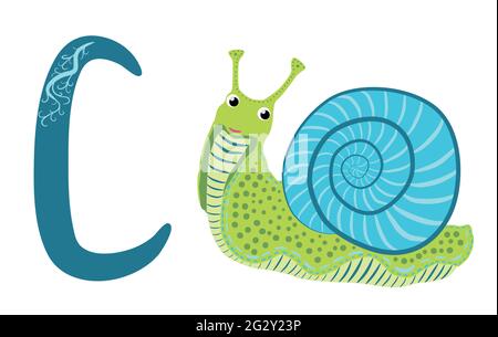 Lettre C minuscule mignon enfants coloré zoo et animaux ABC Flashcard de traçage d'alphabet de cochlée colorée pour les enfants apprenant l'anglais vocabulaire et Illustration de Vecteur