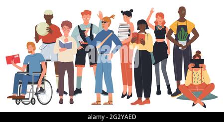 Foule de jeunes, illustration de vecteur communautaire mixte. Caricature bonne fille garçon amis personnages debout ensemble, groupe social d'étudiants, personne handicapée en fauteuil roulant isolée sur blanc Illustration de Vecteur