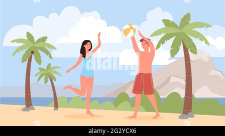 Les gens en couple jouent au volley-ball de plage, vacances d'été dans un complexe tropical illustration vectorielle de bord de mer. Caricature femme homme joueur personnages en vêtements de plage jouer au ballon dans mer plage paysage arrière-plan Illustration de Vecteur