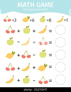 Jeu mathématique pour enfants. Jeu éducatif d'addition et de soustraction pour enfants, jeu d'illustrations vectorielles de la feuille de calcul des équations de calcul mathématiques. Calcul mathématique Illustration de Vecteur