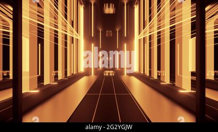 Perspective Illustration 3D lumineuse de passage symétrique formé par des formes géométriques et des lampes jaunes brillantes Banque D'Images