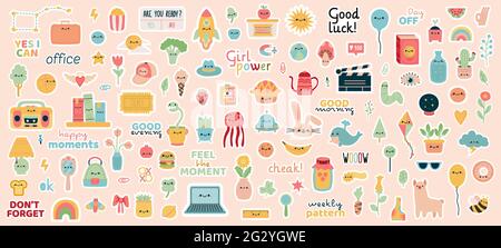 Autocollants du planning hebdomadaire. Carnet Doodle, badges Agenda ou Agenda, phrases de motivation et illustrations vectorielles de personnages mignons. Autocollants du planificateur Illustration de Vecteur