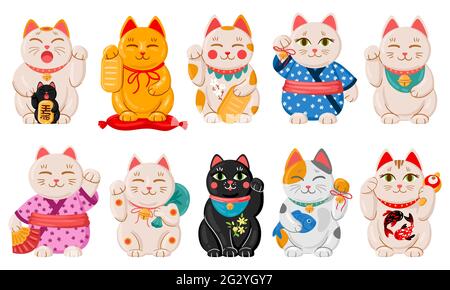 Chats japonais maneki neko. Caricature Japon chanceux jouets traditionnels de chat, kawaii oriental symbole de fortune animal vecteur illustration ensemble. Mignon maneki asiatique Illustration de Vecteur