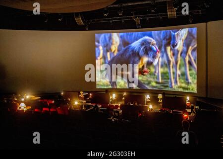 Ouverture du premier lit de cinéma, à Amsterdam, pays-Bas, le 12 juin 2021. Le théâtre Amsterdam de 4,200 m2 a été converti en de Beddenbioscoop. Les 1,500 sièges ont été remplacés par de petits étages avec 15 ressorts en caisson sur le dessus. Les films projetés sont projetés sur le plus grand écran de cinéma des pays-Bas (50x12 mètres). Le Beddenbioscoop est une initiative de Joep Verbunt. Il est le fondateur et le propriétaire de Matt Sleeps, mais vous pouvez le connaître principalement comme l'initiateur d'événements de grande envergure dont les médias du monde entier ont écrit sur. Pensez à la discothèque de supermarché, la bataille de tomates sur la place du Dam et Banque D'Images