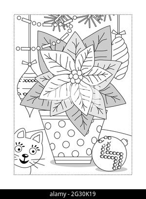 Poinsettia dans une page de coloriage en pot à pois ou illustration en noir et blanc avec chat et ornements Banque D'Images