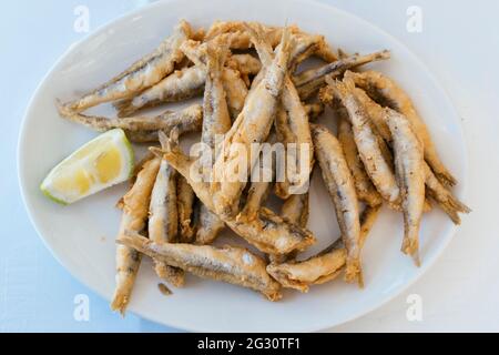 Cuisine andalouse typique. Anchois frits. Torremolinos, Málaga, Andalucía Espagne, Europe Banque D'Images