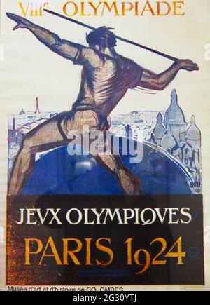 Paris 1924 - Poster des Jeux Olympiques d'époque - Javelin Banque D'Images