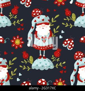 Joli gnome de dessin animé sans couture, fond d'écran scandinave de vacances nordiques. Personnage à imprimé amusant, illustration joyeux Noël. Illustration de Vecteur
