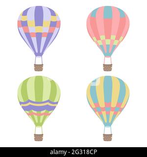 Ballons à air chaud colorés sur fond blanc, de style dessin animé. Une aventure amusante en montgolfière. Un design parfait pour toutes les applications. Transport Illustration de Vecteur