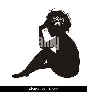Concept de santé mentale. Triste silhouette de womans avec dépression assis sur le sol. Illustration vectorielle colorée de style dessin animé plat Illustration de Vecteur