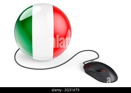 Souris d'ordinateur avec drapeau italien. Réseau Internet en Italie concept. Rendu 3D isolé sur fond blanc Banque D'Images