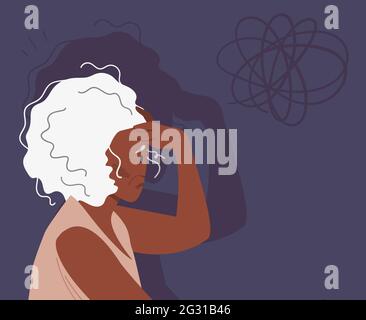 Femme sureau aux cheveux gris avec démence et pensées stupéfait dans son esprit. Concept de perte de mémoire et lutte contre l'amnésie et le trouble mental. Illustration vectorielle. Illustration de Vecteur