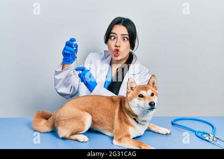 Belle femme vétérinaire hispanique mettant le vaccin au chien de chiot faisant le visage de poisson avec la bouche et les yeux de bourdonnement, fou et comique. Banque D'Images