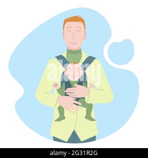 Homme aux cheveux rouges transportant bébé. Papa souriant tenant un enfant. Père seul avec porte-bébé. Bonne famille. Illustration vectorielle pour la fête des pères Illustration de Vecteur