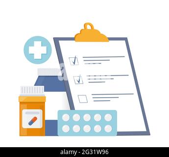 Flacons de médicaments, comprimés, capsules et presse-papiers avec liste de contrôle. Médecine, concept de pharmacie. Médicament, médicament, bouteille en plastique avec pilules. Vecteur il Illustration de Vecteur