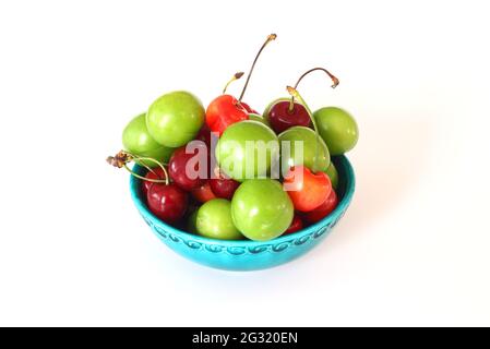 Une seule CAN vert frais entier Erik prune et cerise se ferme sur fond blanc. Prunes vertes et photos de cerise des premiers fruits de summ Banque D'Images